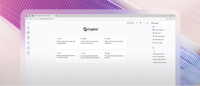 A screenshot of a computer displaying a purple and white screen with the text Copilot.