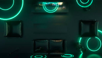 A living room is covered in green circles representing audio.