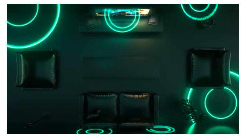 A living room is covered in green circles representing audio.