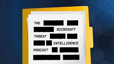 Illustration of stacked report pages labeled threat intelligence, podcast, and articles on a dark blue background.