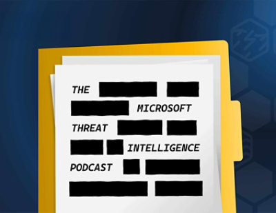A yellow folder with black text lies on a blue surface, with visible text reading THE MICROSOFT THREAT INTELLIGENCE PODCAST.