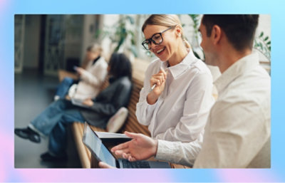 A women sitting on chair discussing with men