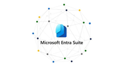 Microsoft Entra Suite logo centered within a circular network of connected dots in various colors.