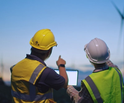 Dva pracovníci v ochranném vybavení zkoumají tablet na větrné farmě za soumraku – symbolizuje to týmovou spolupráci a moderní technologie