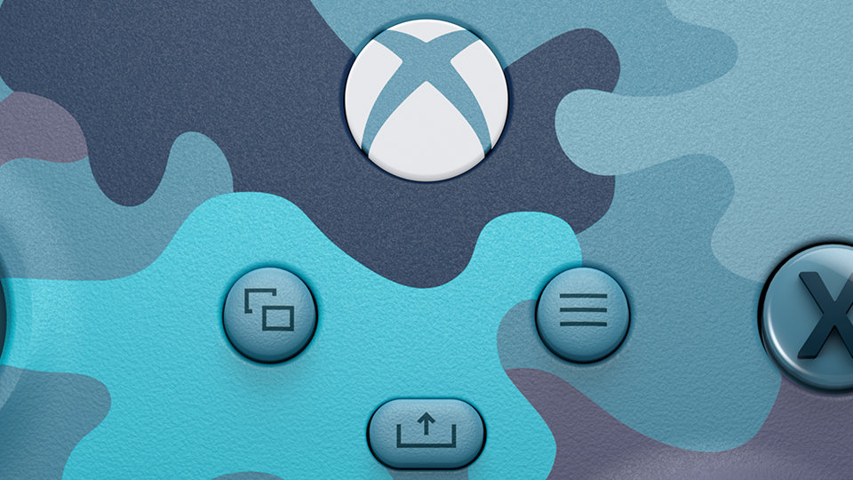 Nærbillede af del-knappen på den trådløse Xbox-controller i Mineral Camo-specialudgaven