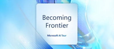 "Becoming Frontier" on a blue abstract background with "Microsoft AI Tour" subtitle.