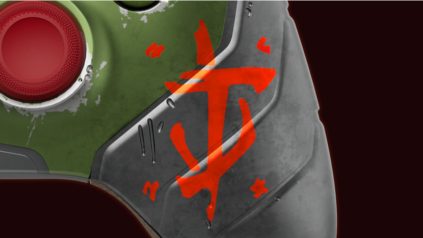 Close up of the Xbox Wireless Controller – DOOM: The Dark Ages Limited Edition rubberized grip. 