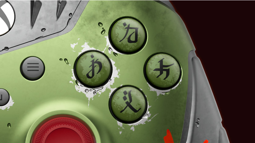 Close up of the Xbox Wireless Controller – DOOM: The Dark Ages Limited Edition ABXY buttons using the Sentinel alphabet.