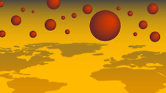 Abstract illustration of red spheres over a stylized golden landscape.