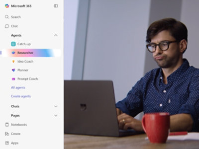 A man looks puzzled at his laptop with the Microsoft 365 Agents menu open.
