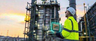 Industrial worker in high-visibility safety gear using a tablet to monitor equipment performance at an energy facility with processing infrastructure in the background.