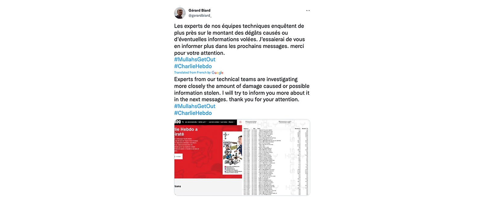 Fake Charlie Hebdo editor twitter account positing screenshots of leaked customer data