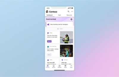 Contoso dashboard shows new inventory tool, safety training due in 2 weeks, and upcoming shift details
