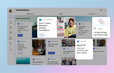Dashboard with tasks, upcoming events, company updates, security alerts, and tools for learning and assistance