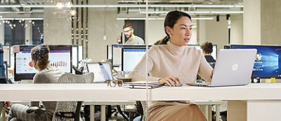 A person sitting at a desk using a laptop.