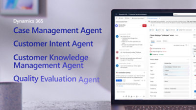 Promotional graphic for Microsoft Dynamics 365 showing agent types and a case management interface on a computer screen in an office setting.