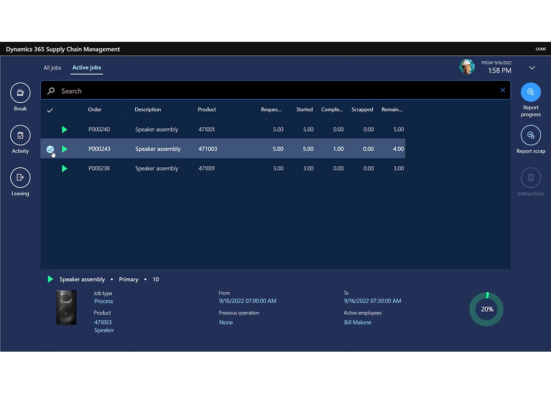 Okno pokazujące listę aktywnych zadań w pulpicie nawigacyjnym zarządzania łańcuchem dostaw platformy Dynamics 365.