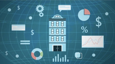 建筑图像，建筑周围有业务图标。