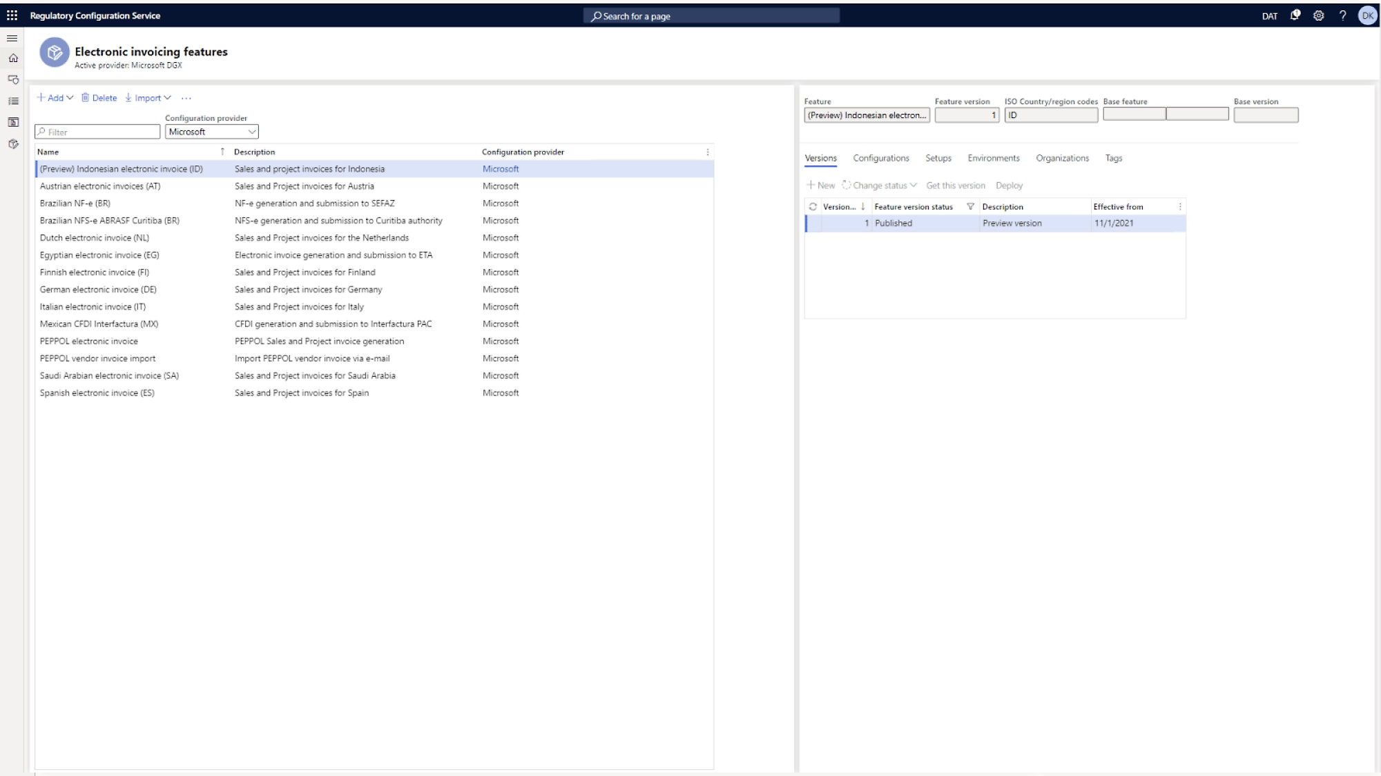 Screenshot of Regulatory Configuration Service interface showing electronic invoicing features by country with version details and edit permissions.
