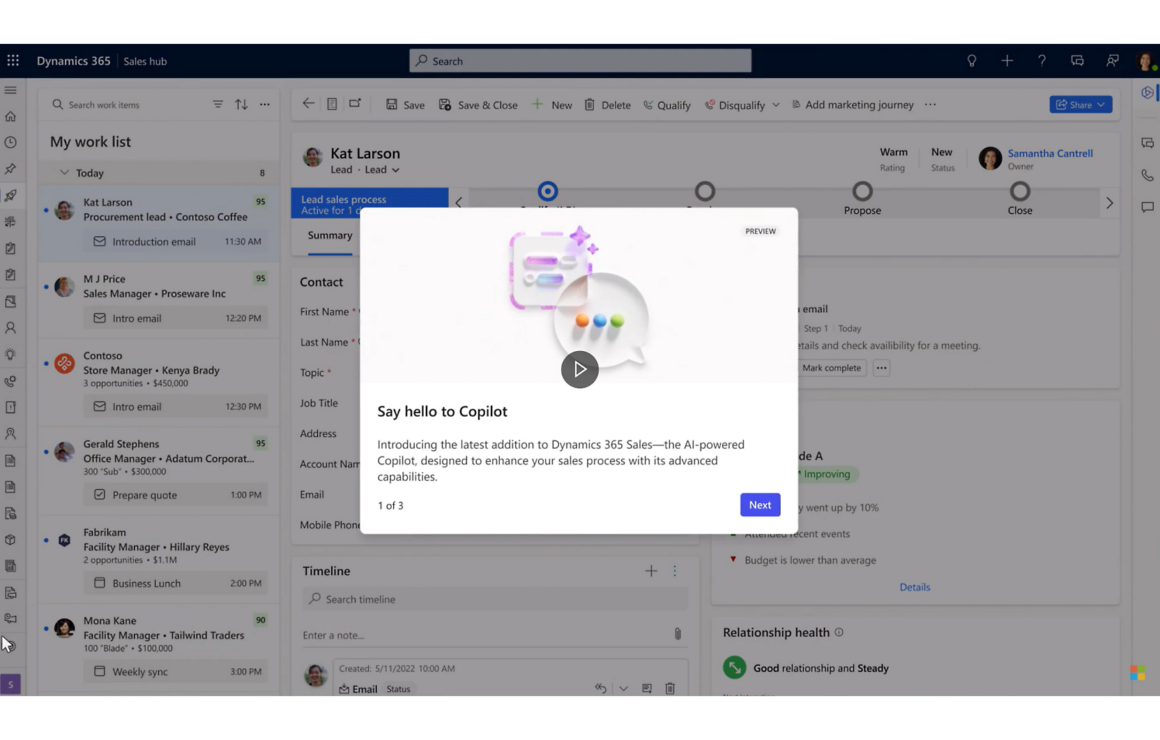 A screen shot of the Dynamics 365 dashboard and pop up for Copilot is opened