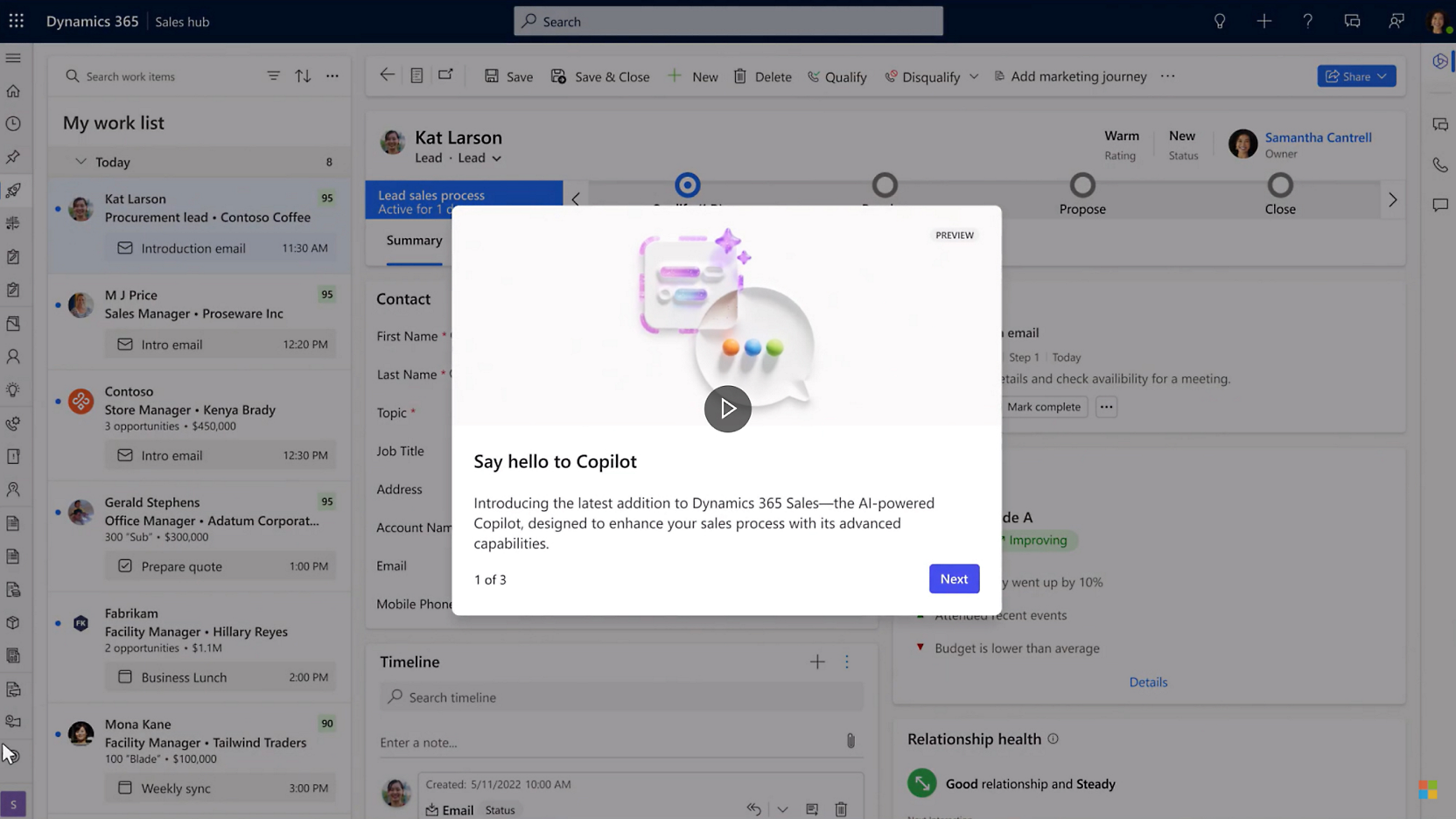 A screen shot of the Dynamics 365 dashboard and pop up for Copilot is opened