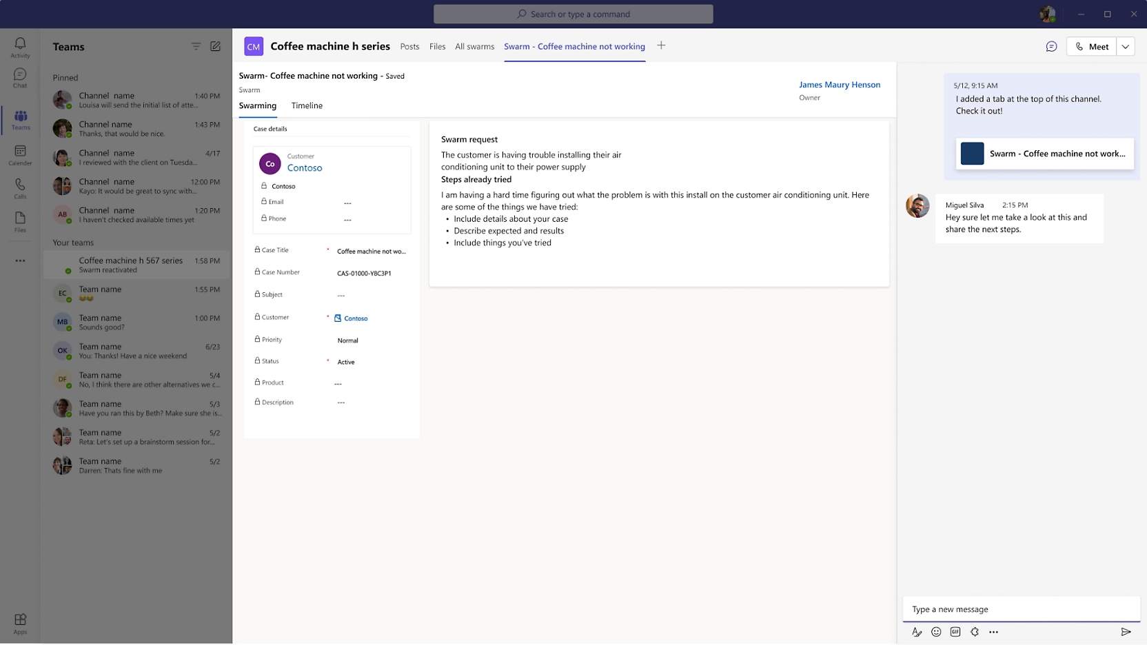 Screenshot dell'app di chat del team Microsoft.