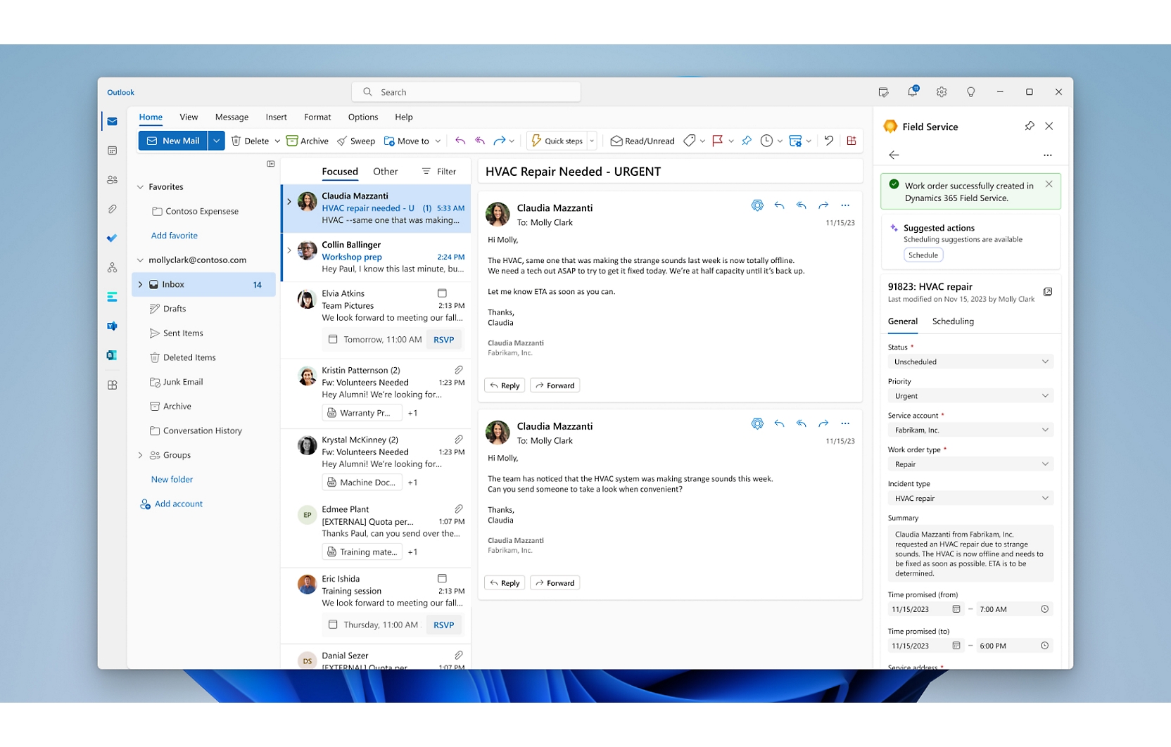 Снимок экрана почтового приложения Microsoft Office.