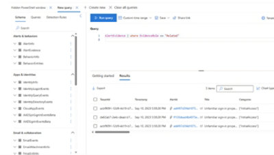 Cloud database interface shows query filtering alert evidence with results, timestamps, and alert IDs for cybersecurity analysis.