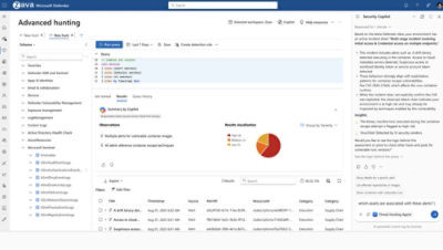 Microsoft Defender Advanced Hunting for PowerShell events with query, results chart by device, and Copilot insights.