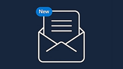A blue and white icon showing a paper inside an envelope with the text New.