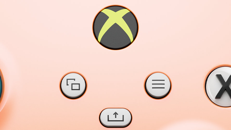 Close-up of the Xbox, view, menu and share buttons on the Xbox Wireless Controller – Sunkissed Vibes OPI Special Edition.