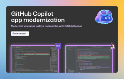 Image of some codes and 'Github Copilot app modernization' written on it
