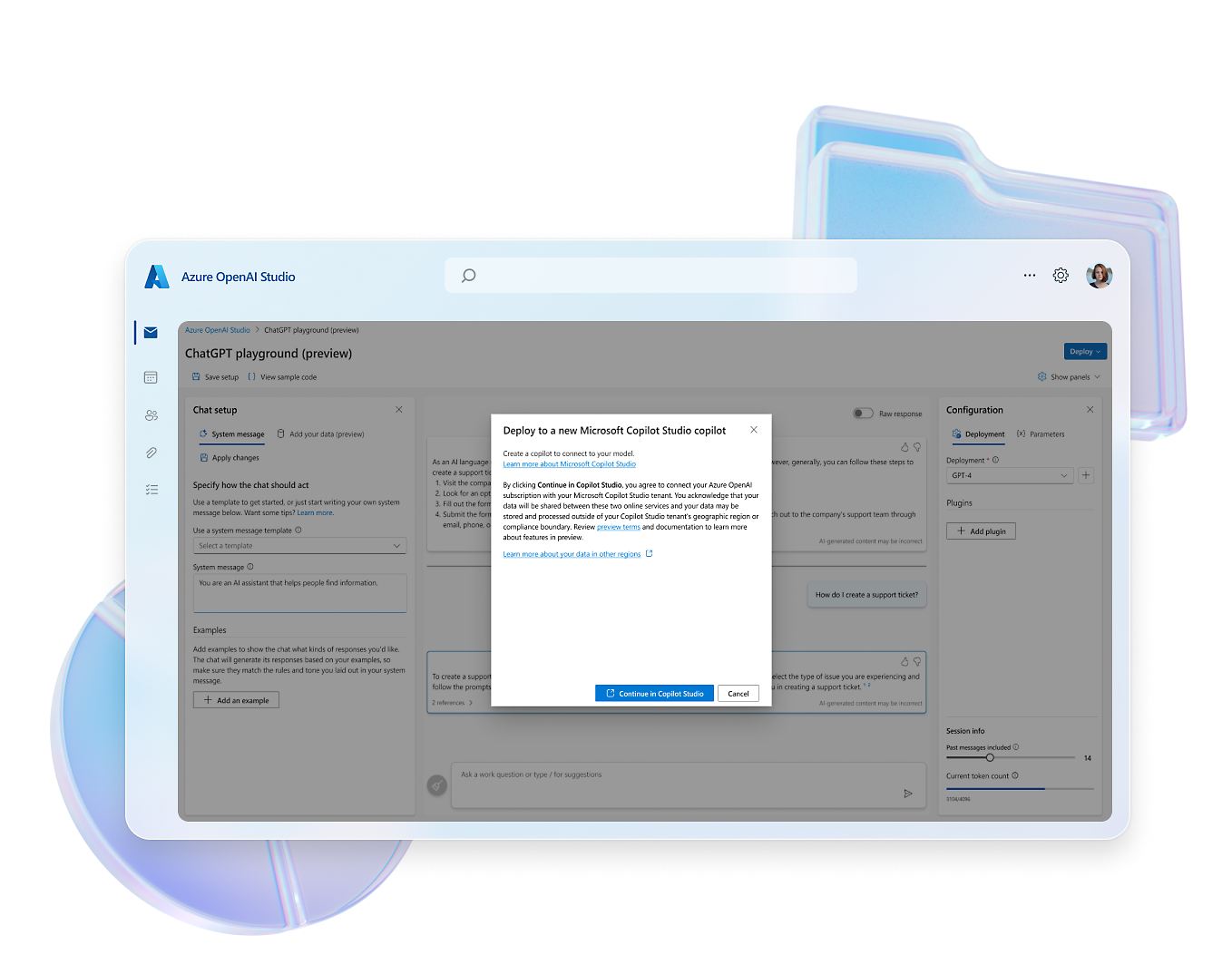 สกรีนช็อตของ Azure OpenAI Studio กำลังแสดงกล่องโต้ตอบที่เกี่ยวข้องกับการปรับใช้ผู้ช่วยใหม่