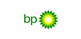 Logo firmy BP z zielono-żółtym motywem kwiatowym obok małych liter BP na białym tle.