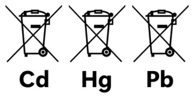 3 krydsede skraldespande med symboler for cadmium, kviksølv og bly
