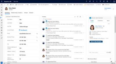 Microsoft Dynamics 365 interface showing Alex Baker's contact, activities, and sales navigator sidebar with David Mallory interactions