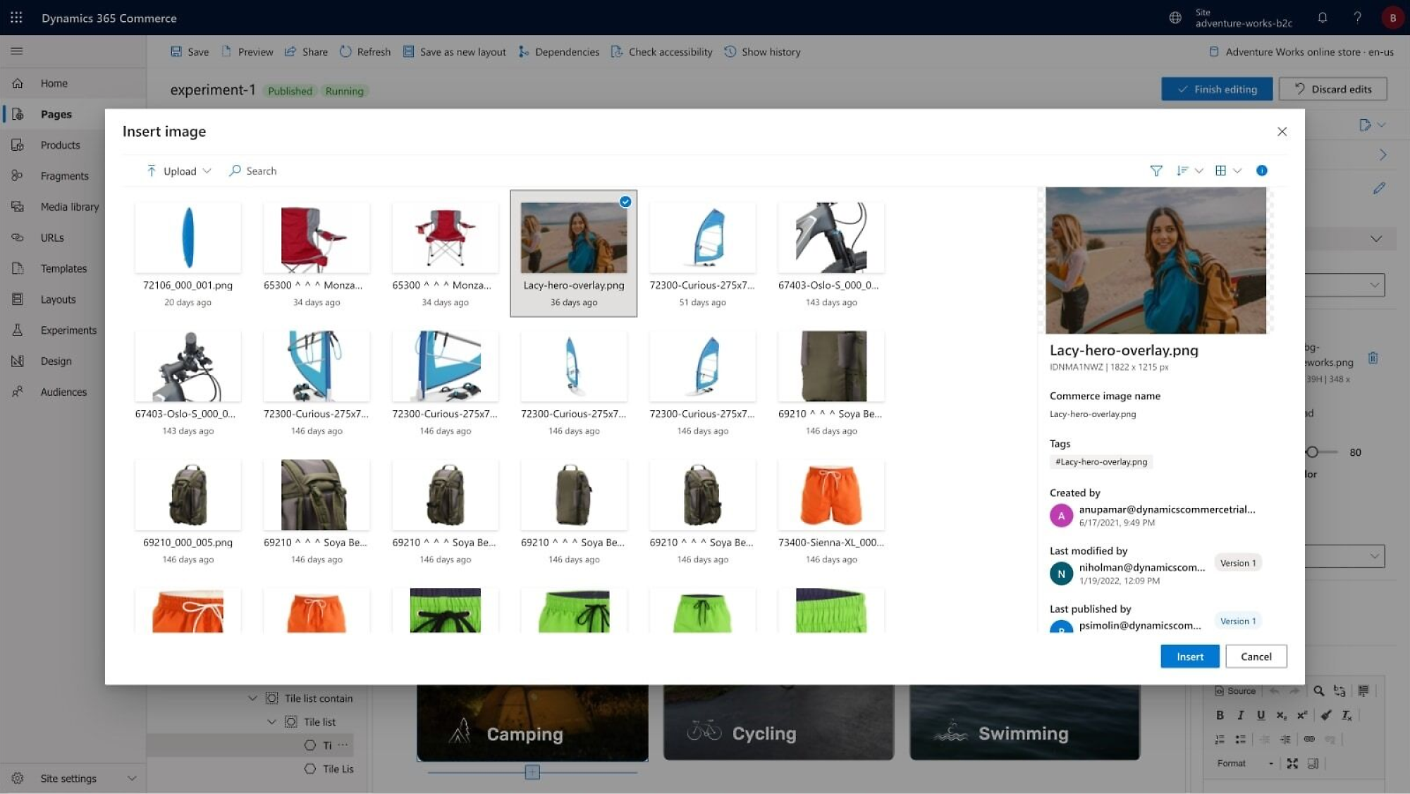 Interfaz que muestra varias opciones y configuraciones de Dynamics 365 Commerce.