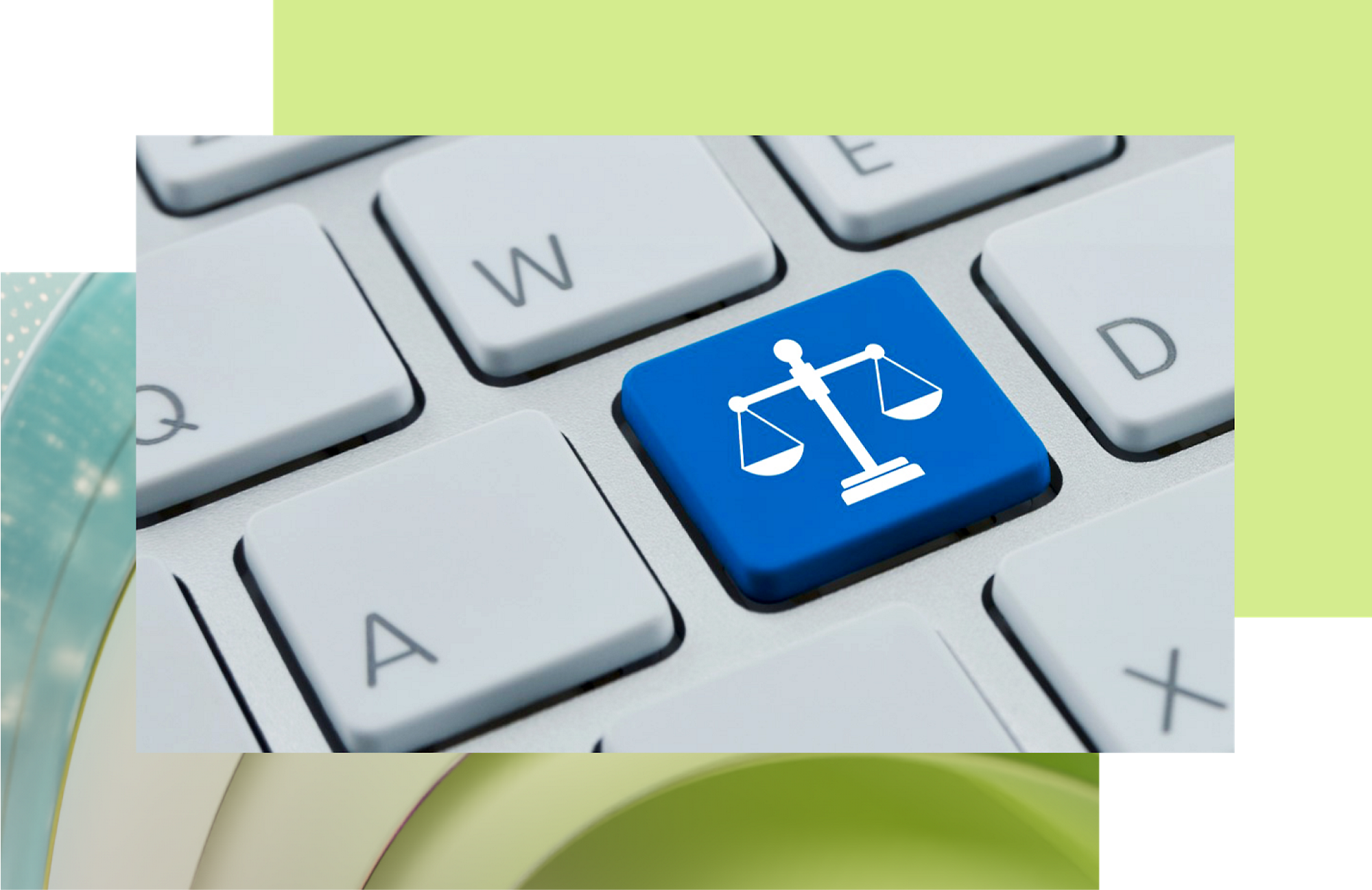 Niebieski klawisz z białą ikoną wagi wymiaru sprawiedliwości na klawiaturze, symbolizującą pomoc prawną lub technologię skoncentrowaną na wymiarze sprawiedliwości.