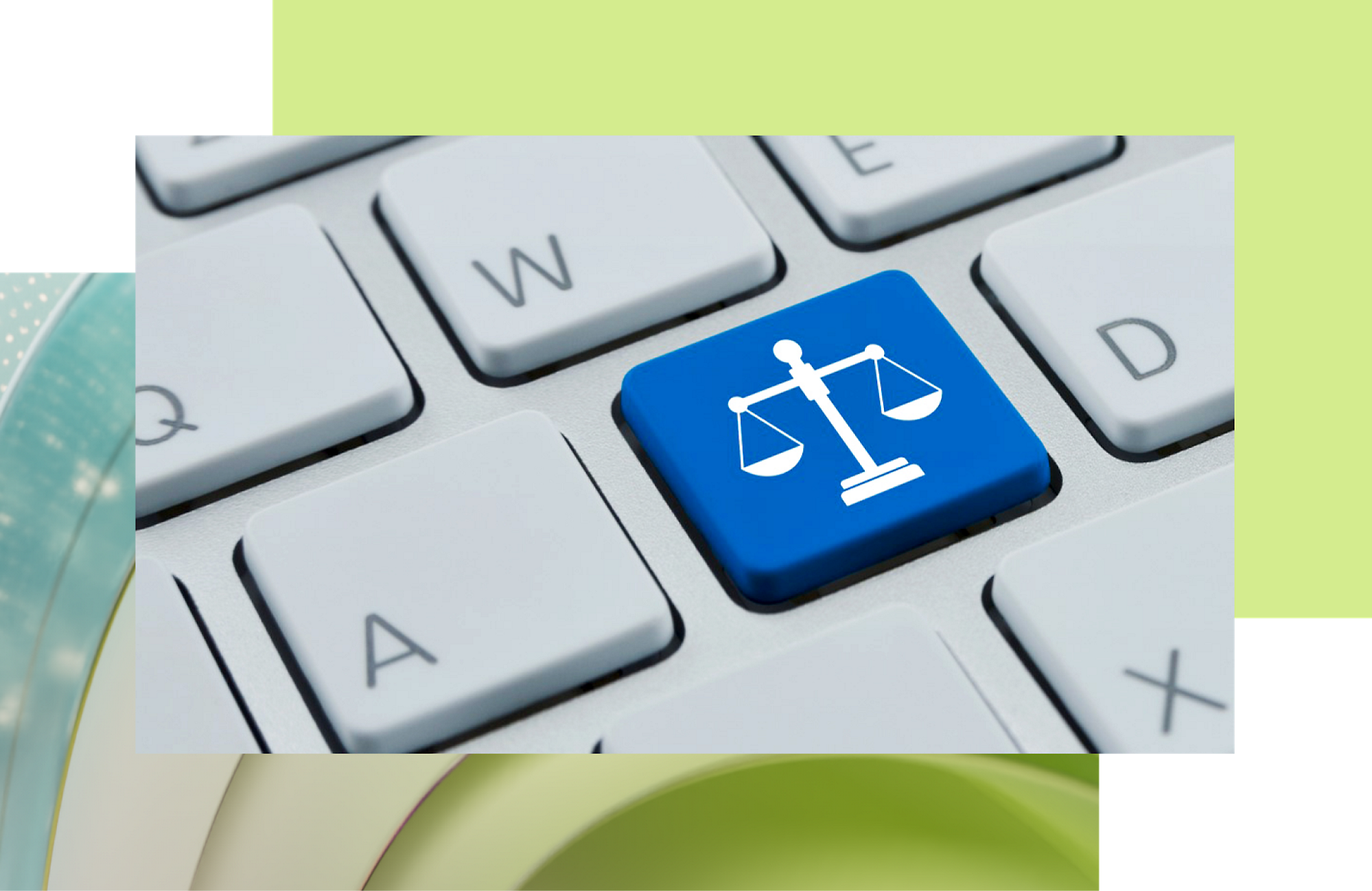 A blue key with a white scales of justice icon on a keyboard, symbolizing legal assistance or justice-focused technology.