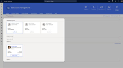 Ein Dashboard für die Personalverwaltung zeigt 91 Mitarbeiter, 5 Auftragnehmer, 32 Positionen und 0 Änderungen an.