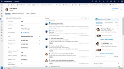 CRM software interface showing a contact's information, communication history, action buttons,Sales Navigator section and related contacts