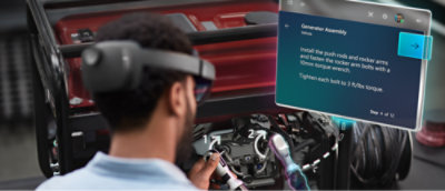 Person, die eine Augmented Reality-Brille trägt, die ein Maschinenteil zusammenstellen soll, mit einer digitalen Überlagerung, die einen Schritt-für-Schritt-Generator anzeigt 