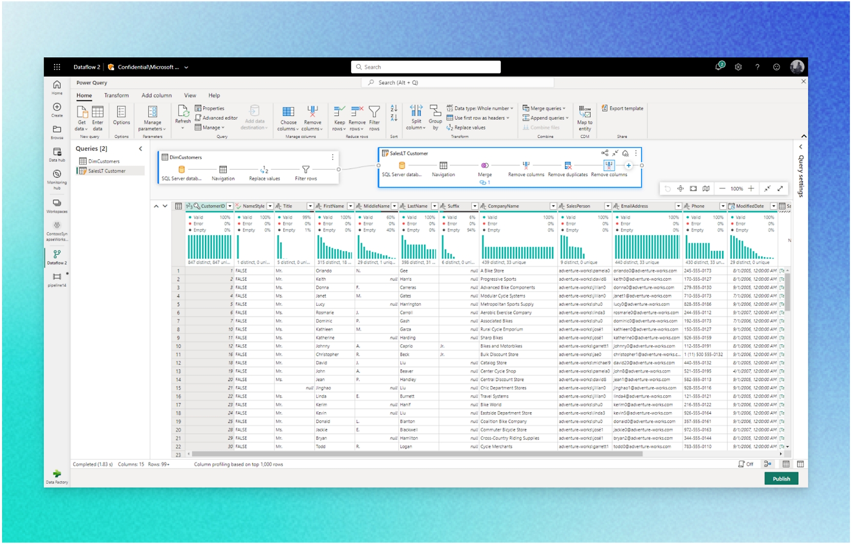 Dataflow 2 介面，附有查詢工具、數據轉換選項和查詢管理功能。