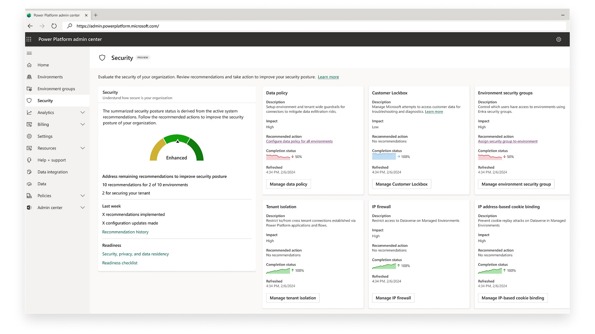 Power Platform admin center, Security Admin center, X recommendations, X configuration updates, Recommendation history, Readiness, Recommended, Security, privacy, and data residency,
