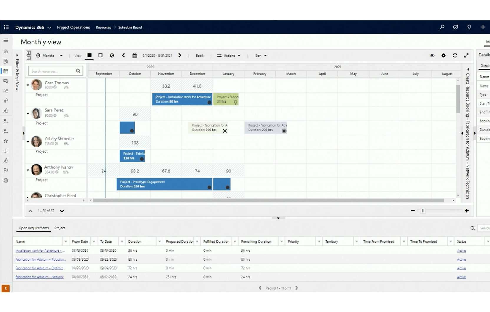 Captura de pantalla de una interfaz de equipo que muestra un software de administración de proyectos detallado con una vista Calendario de las tareas