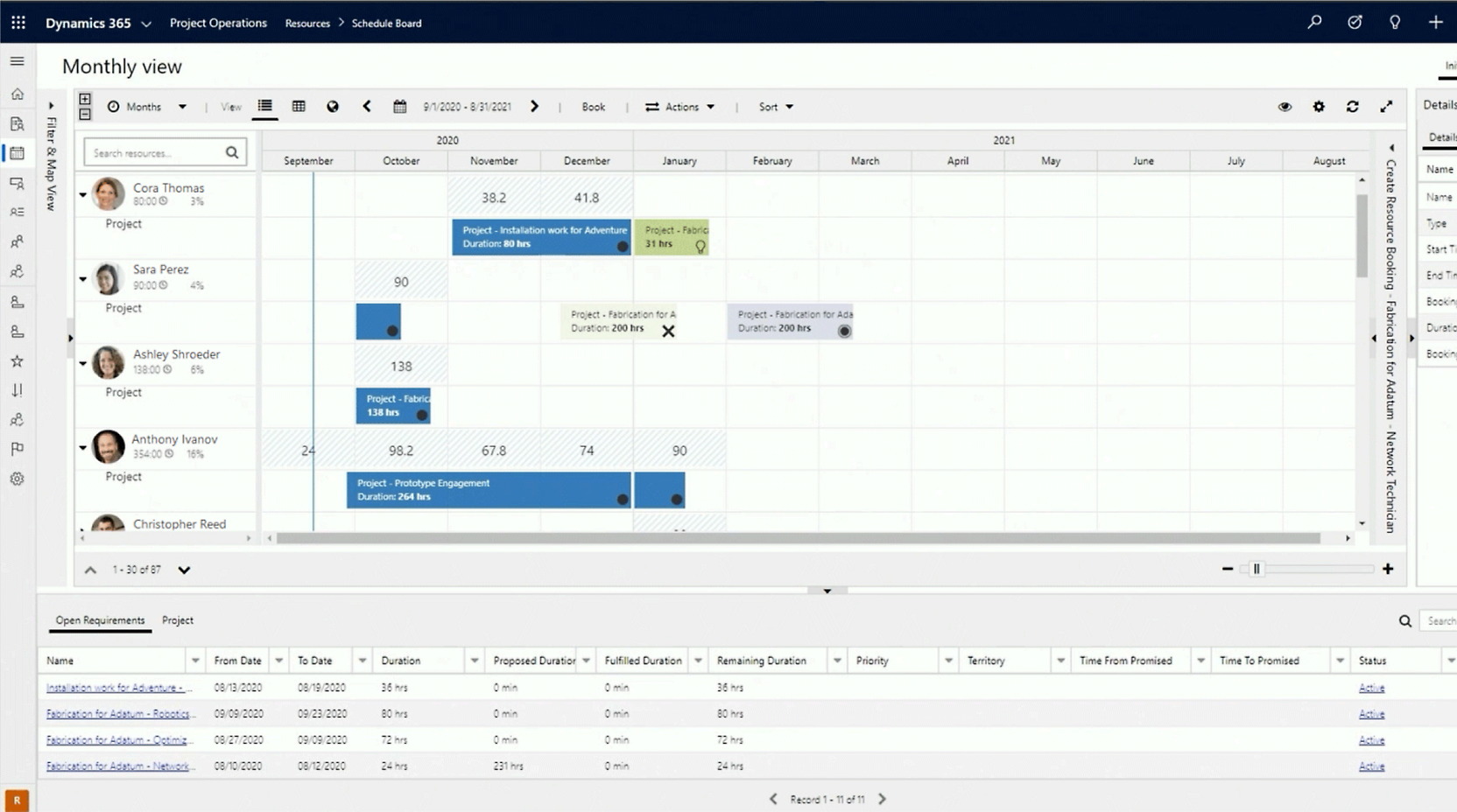 Capture d’écran d’une interface ordinateur montrant un logiciel de gestion de projet détaillé avec un affichage calendrier des tâches