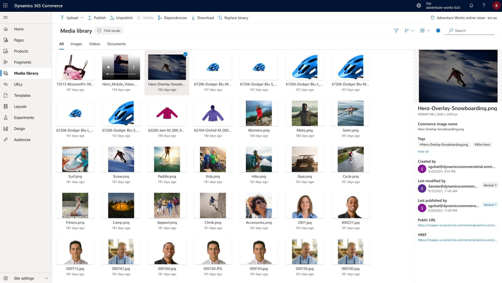 Screenshot of Dynamics 365 Commerce interface with various options and media files listed.