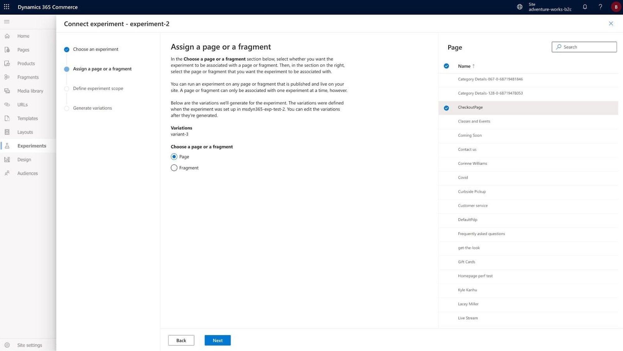 Dynamics 365 Commerce: Experiment interface with page and fragment options. Variations defined for layout testing.