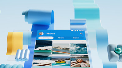 A smartphone screen displays a photo gallery app with beach and ocean photos.