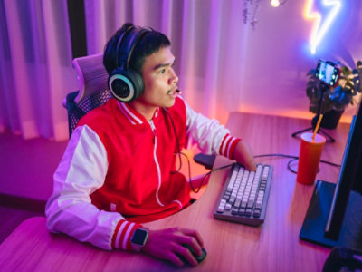 Person wearing headphones using a desktop computer at a desk
